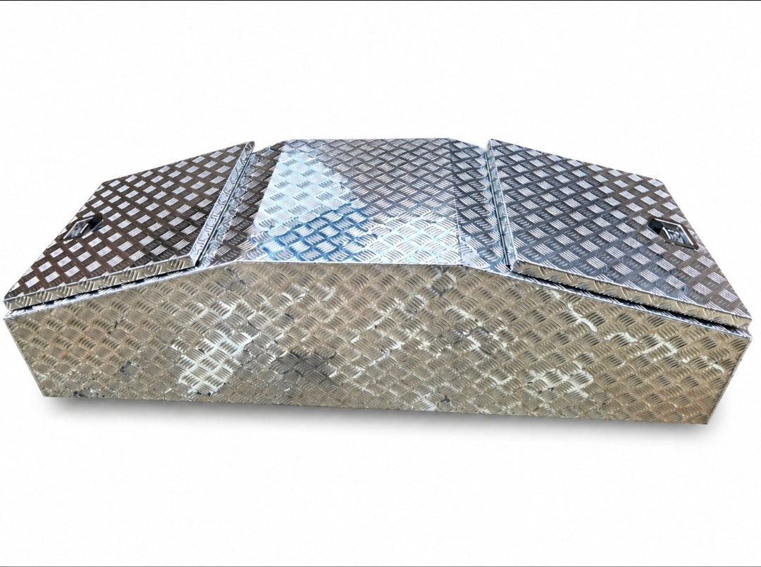 Diamond plate aluminum toolbox with a three-compartment lid design, shown on a white background.