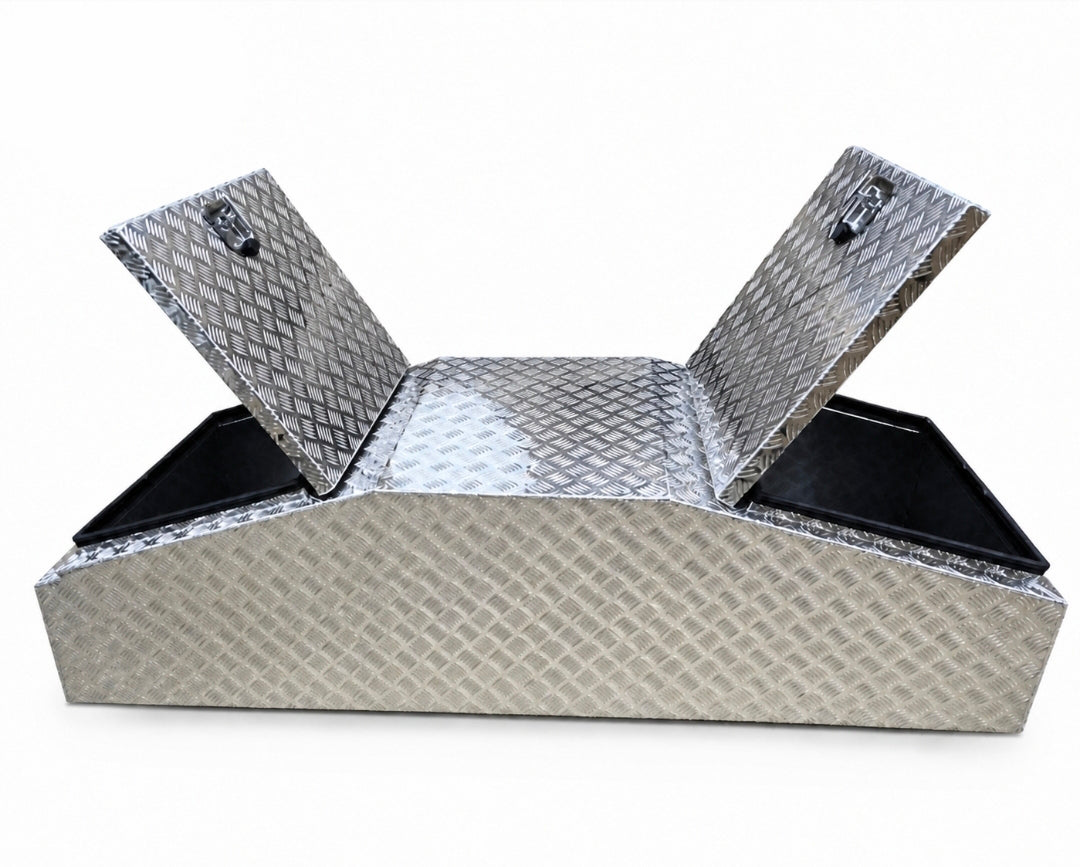 Diamond plate aluminum storage box with two hinged lids open, showing a black interior, on a white background.