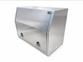 A aluminum toolbox with a hinged upper door, two lockable lower compartments, and a small circular badge on the top right, shown on a plain white background.
