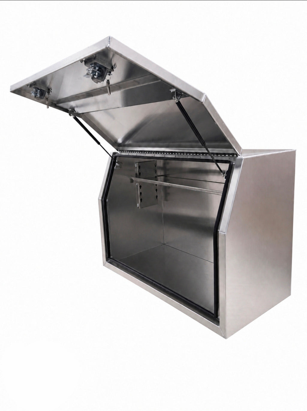 A aluminum ute toolbox with an open hinged lid, shown on a plain white background.