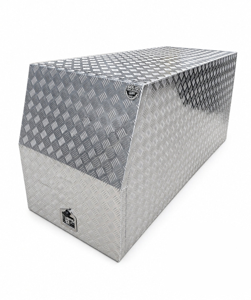 A silver diamond plate aluminum toolbox with a slanted top, shown on a plain white background. 
