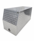 A silver diamond plate aluminum toolbox with a slanted top, shown on a plain white background. 