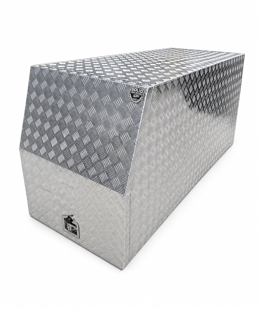 A silver diamond plate aluminum toolbox with a slanted top, shown on a plain white background. 
