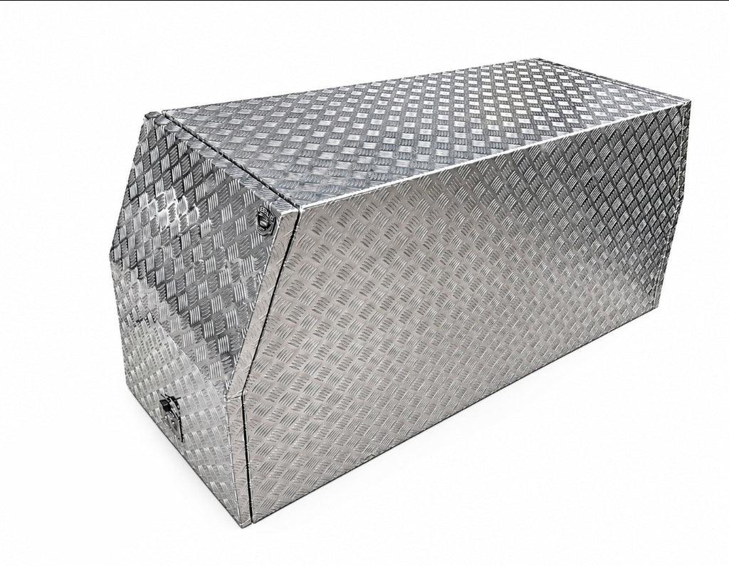 A diamond plate aluminum toolbox with a pointed triangular front and a secure latch, shown on a plain white background.