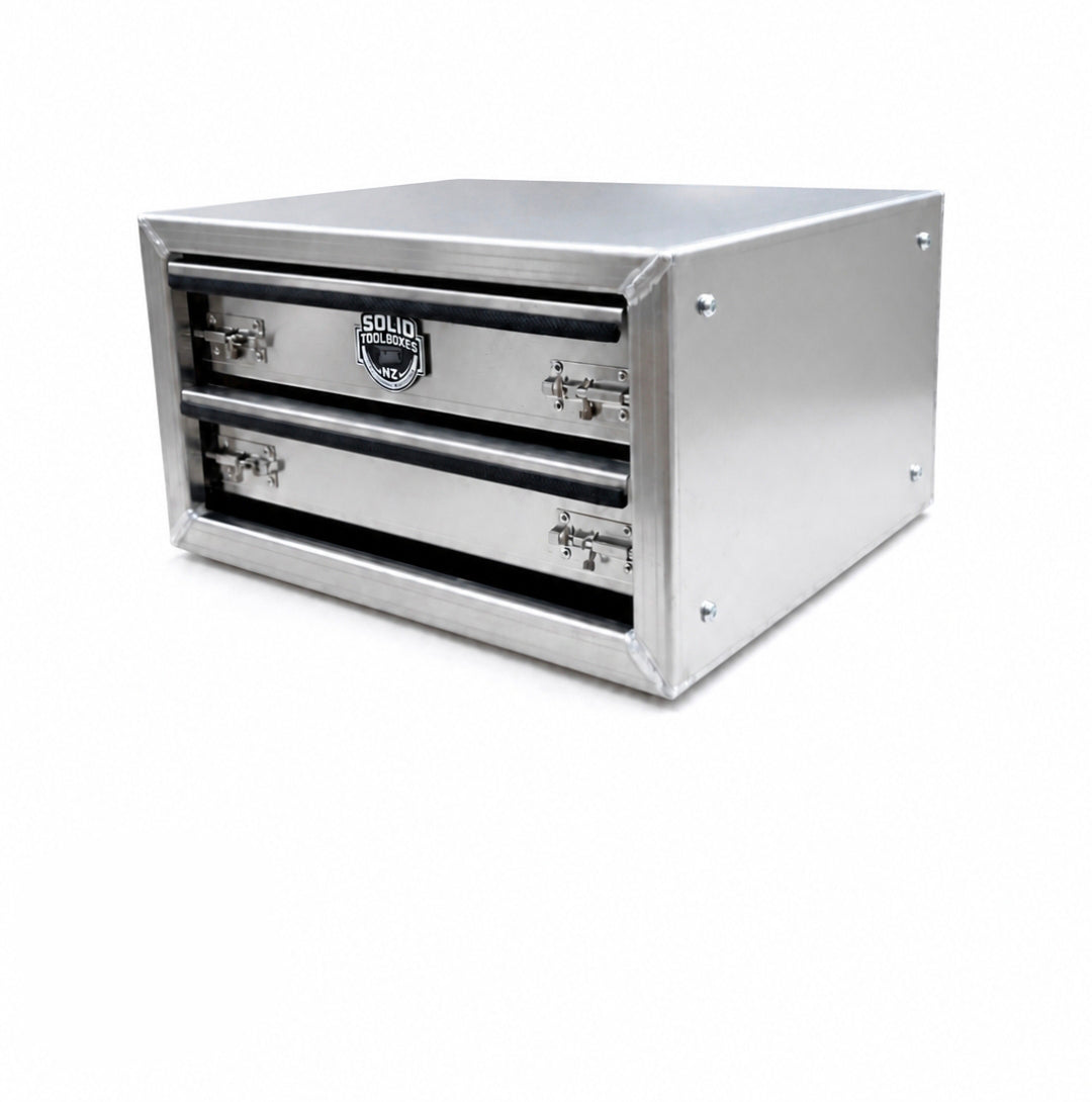 A solid aluminium double-drawer storage cabinet with heavy-duty latches and a polished finish, shown on a clean white background.
