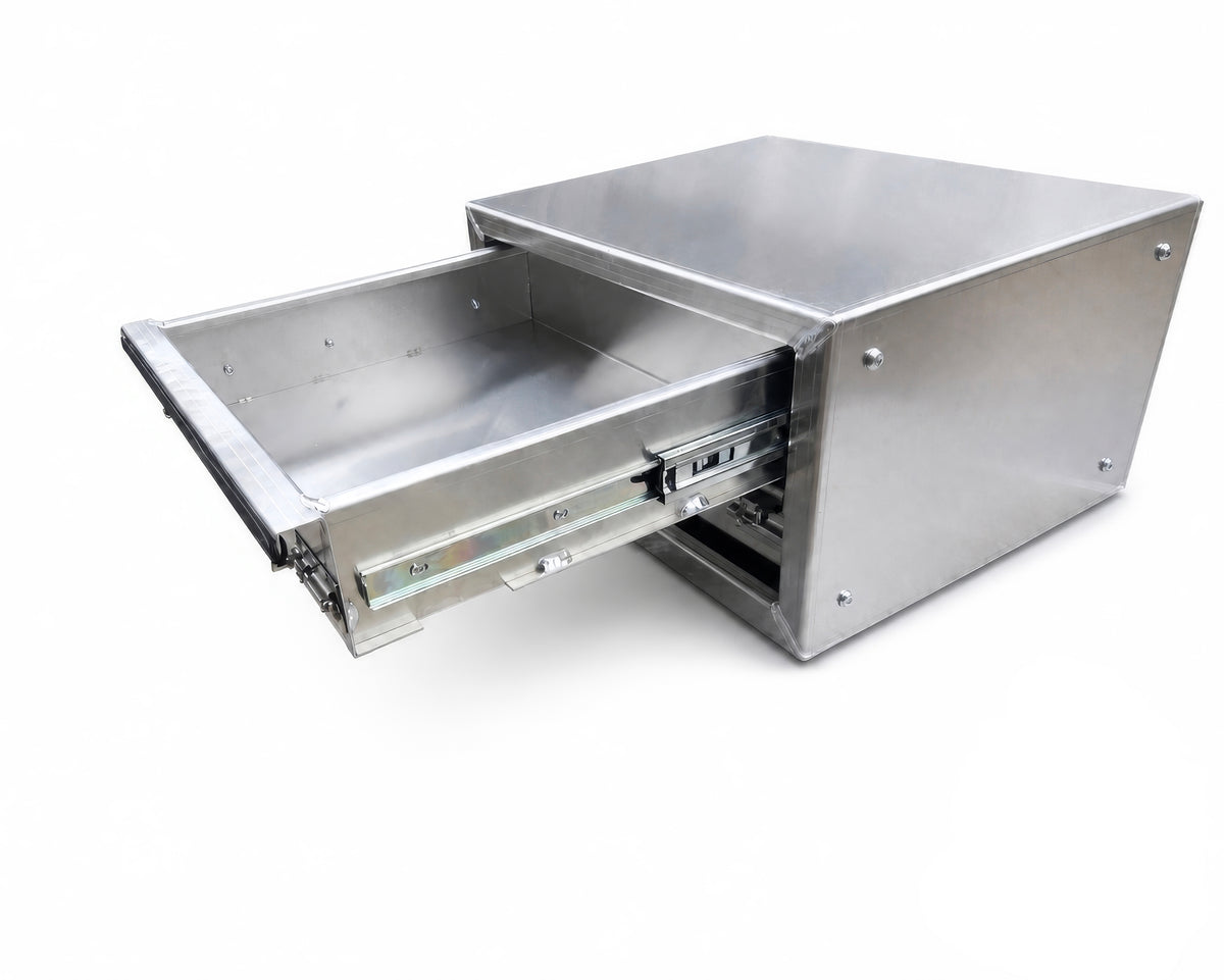 A aluminium drawer pull-out mechanism with a partially extended drawer, shown on a clean white background.