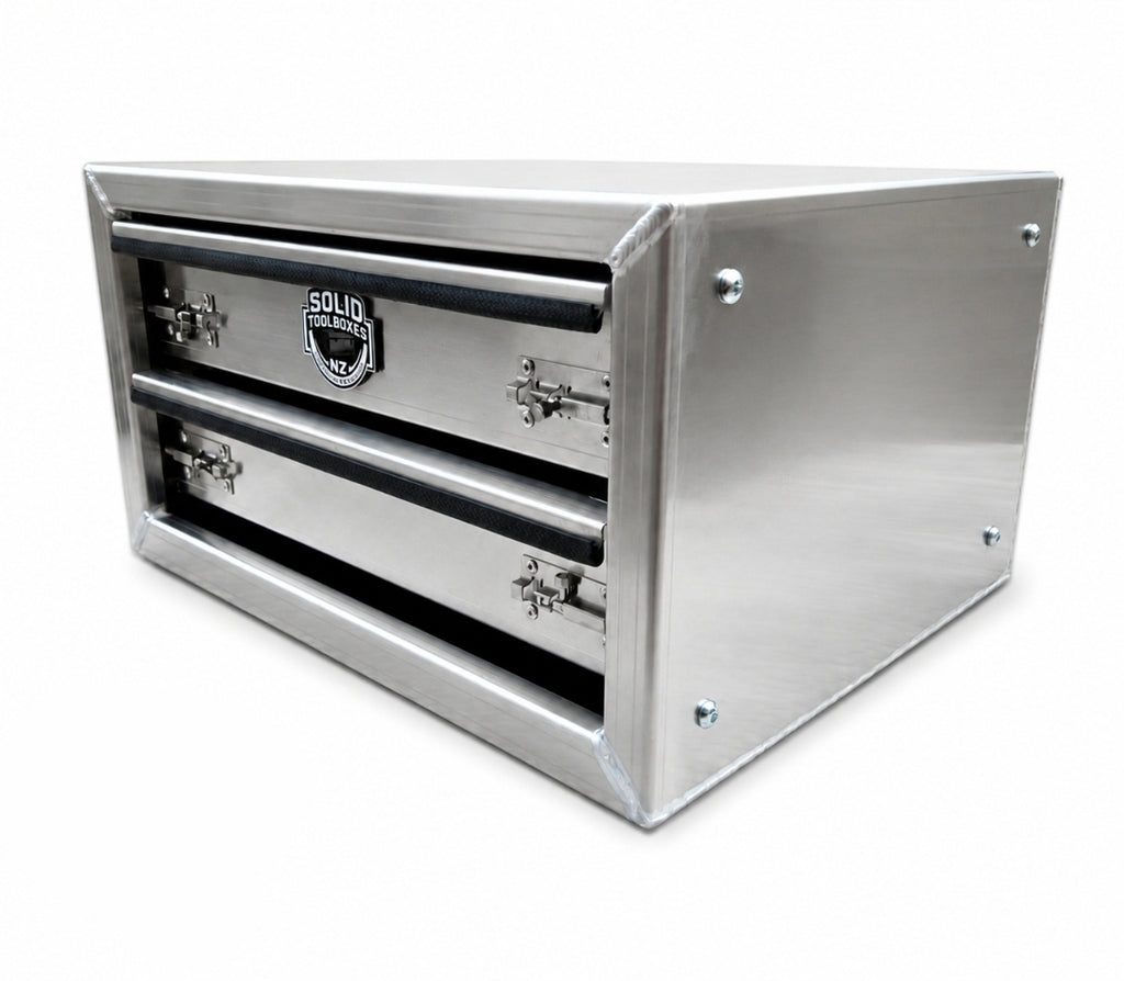 An aluminium double-drawer shown on a plain white background.