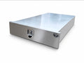A rectangular aluminium storage drawer with a lockable front door and a small round badge on the side, photographed on a clean white background.