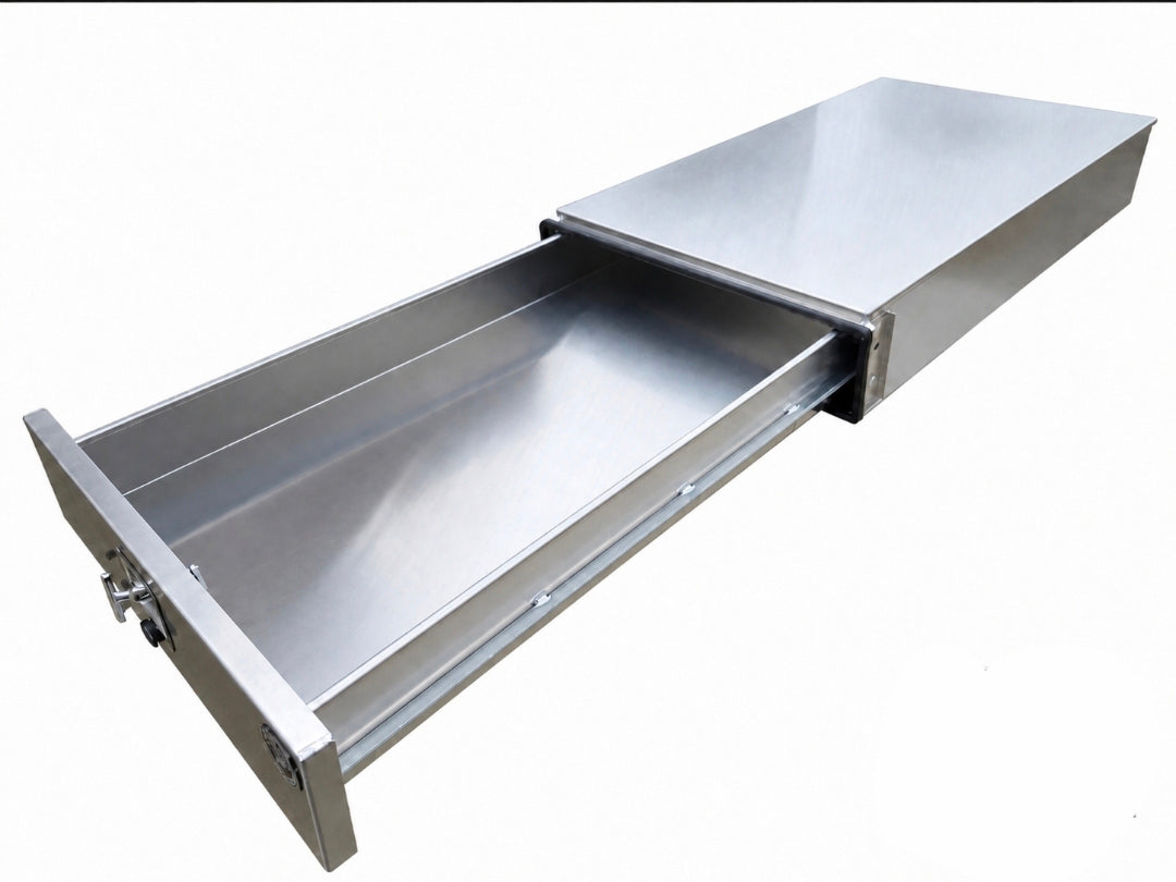 An aluminium drawer pull-out unit with one drawer partially extended, shown on a plain white background.