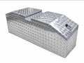 A silver diamond plate aluminum storage box with a secure key lock.