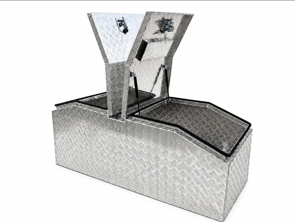 Diamond plate steel utility storage box with a hinged lid raised open.