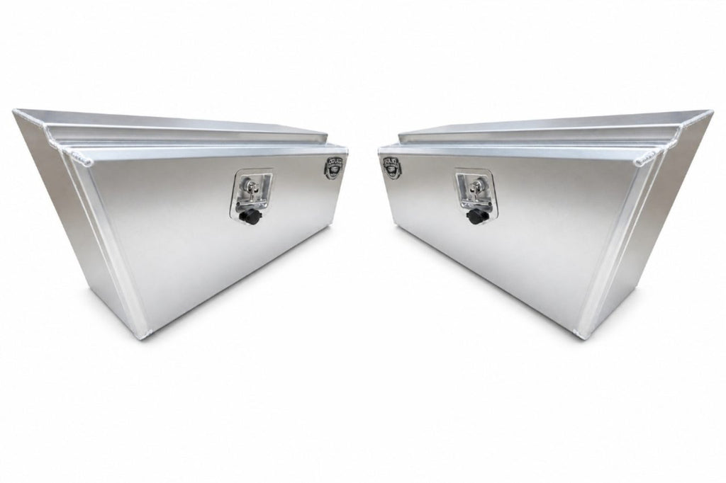 Two silver aluminum under-seat storage boxes shown side by side on a white background.
