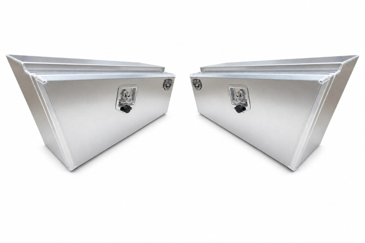 Two silver aluminum under-seat storage boxes shown side by side on a white background.