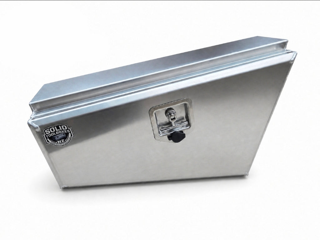 An aluminium toolbox with a lock, shown on a white background.