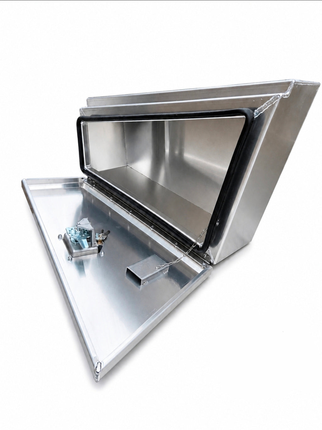 An aluminium utility storage box with its lid open, small lock mechanism on the bottom panel, set against a plain white background.