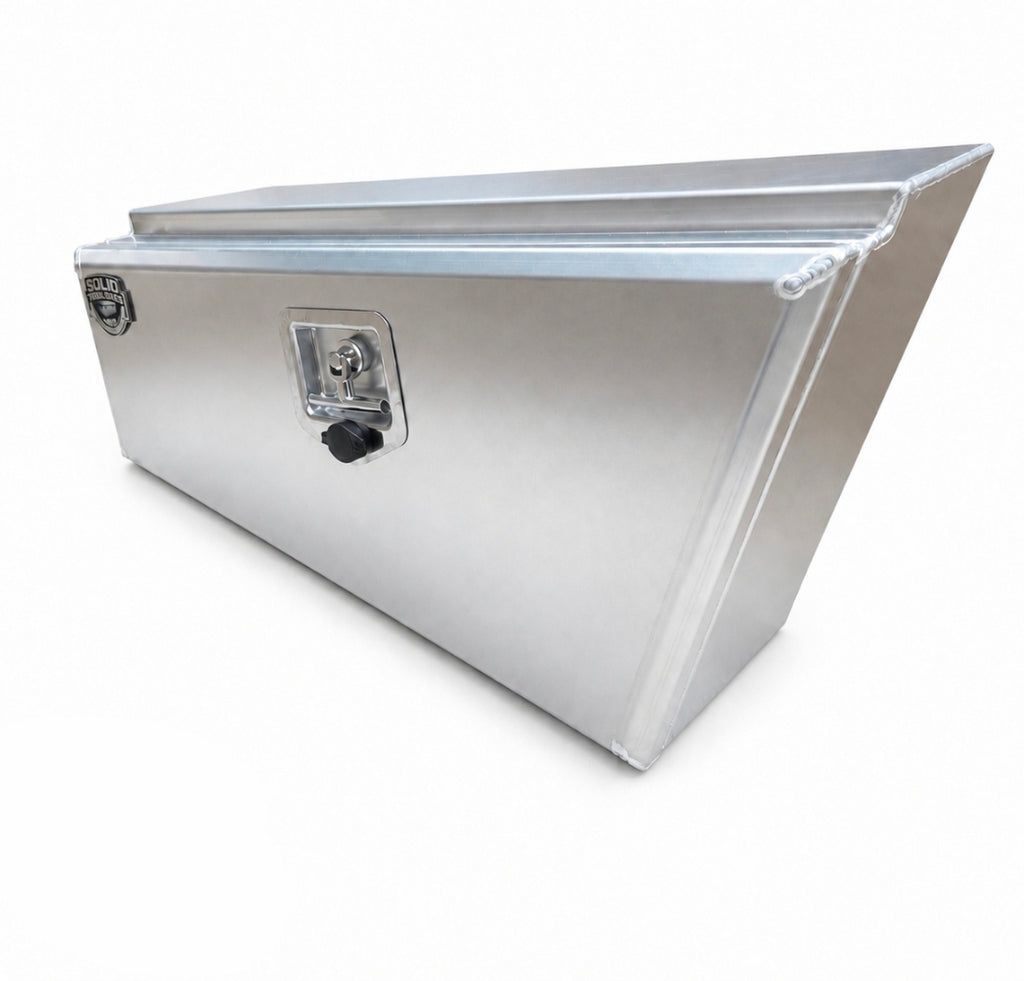 An aluminum utility storage box with a lockable front door and a visible, shown on a clean white background.