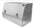 Diamond plate aluminum toolbox with a slanted top, dual key locks
