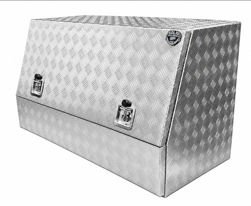 Diamond plate aluminum toolbox with a slanted top, dual key locks