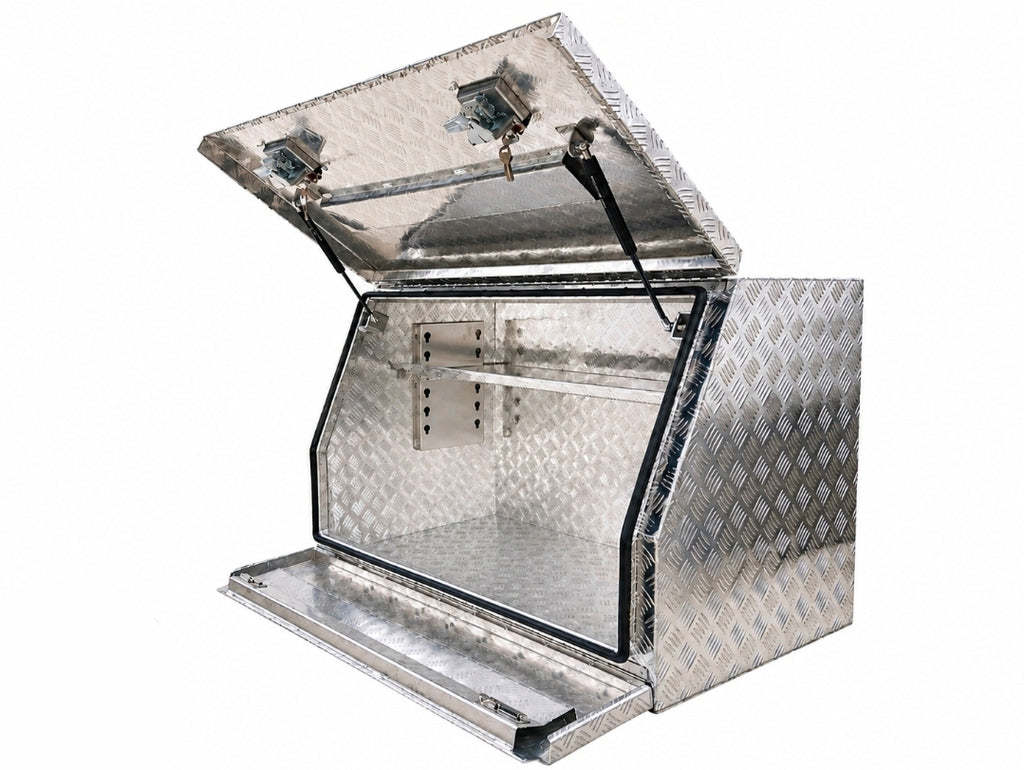 Diamond plate aluminum utility storage box with an open hinged lid and front door.