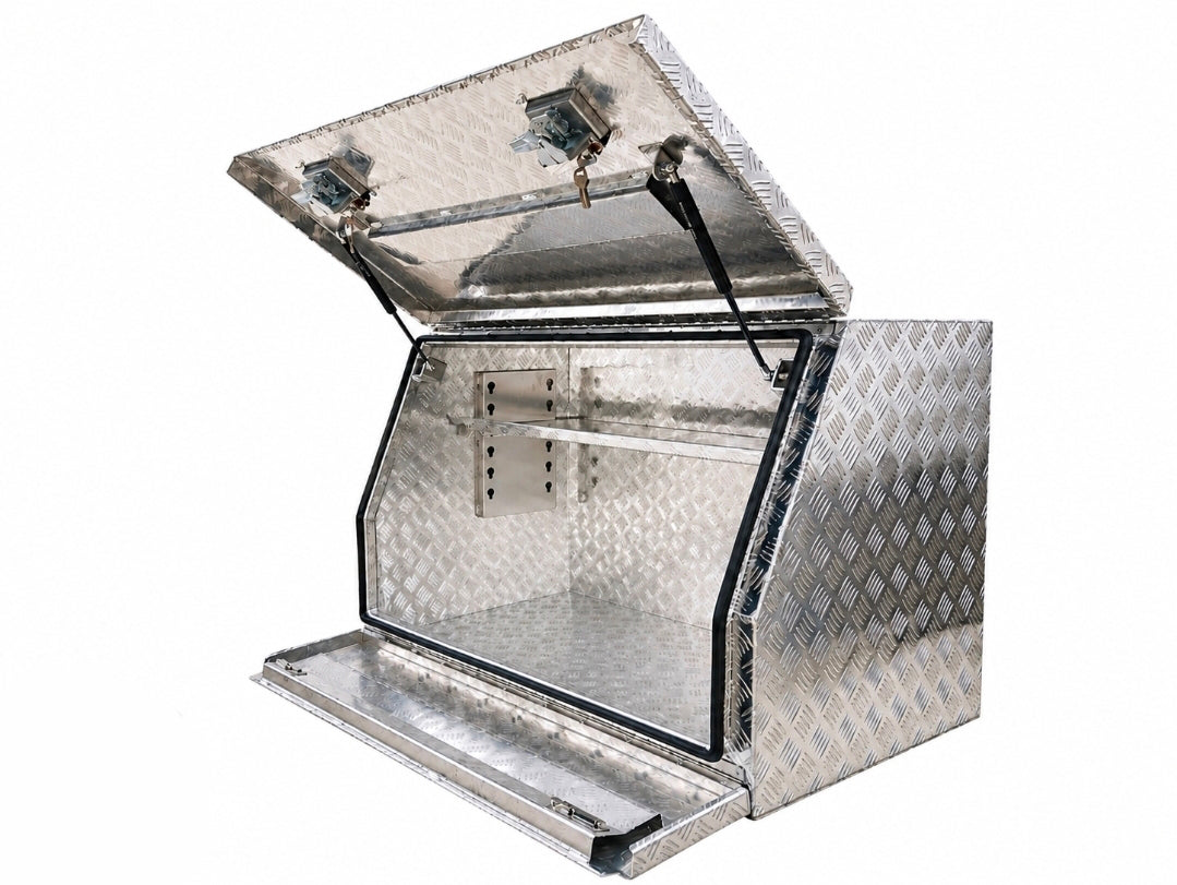 Diamond plate aluminum utility storage box with an open hinged lid and front door.