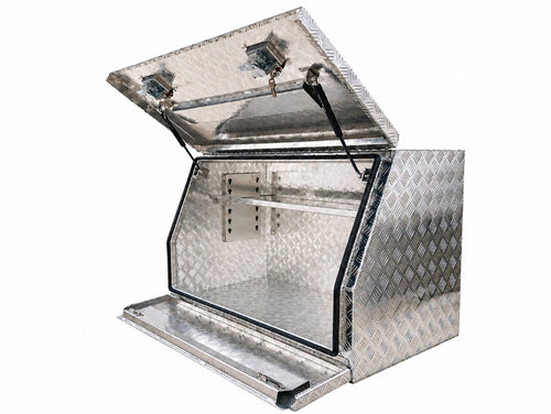 Diamond plate aluminum utility storage box with an open hinged lid and front door.
