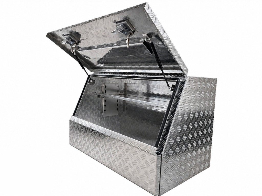 Diamond plate aluminum toolbox with an open hinged lid 