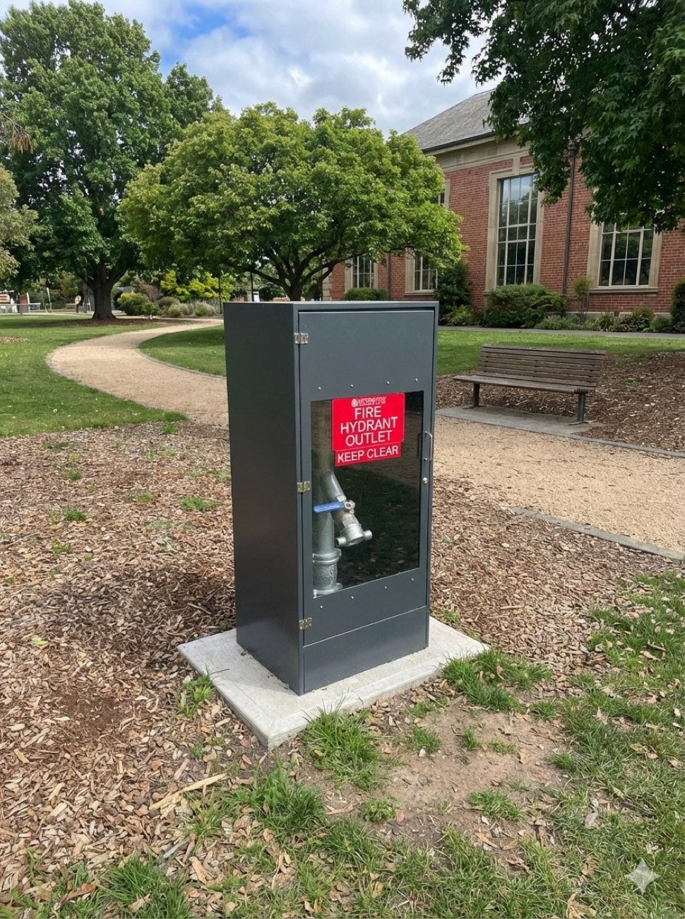 Charcoal riser cabinet in a public park beside a heritage building