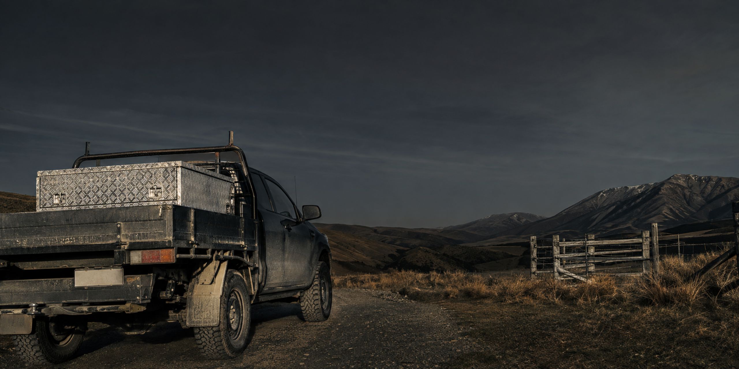 Solid Toolboxes NZ toolbox mounted on a ute tray in the New Zealand high country